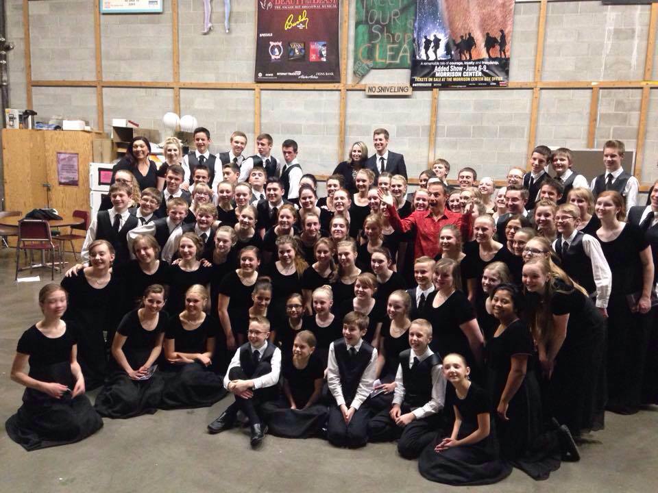 Cantus Youth Choirs posed with Jim Brickman following the show in the shop at The Morrison Center in Boise Idaho.